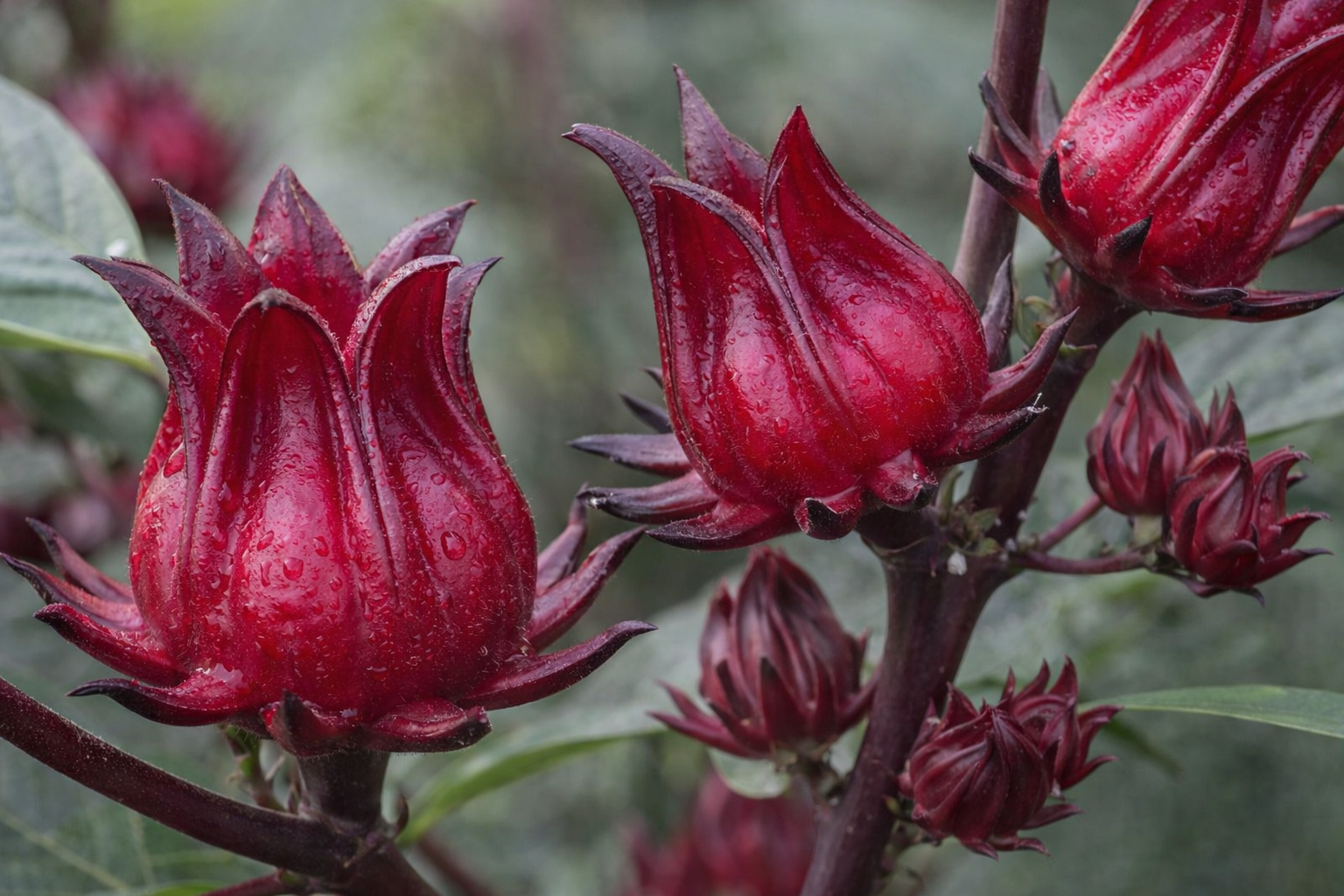 ロ―ゼル（ハイビスカス系）の赤い萼（がく）と苞（ほう）の接写
